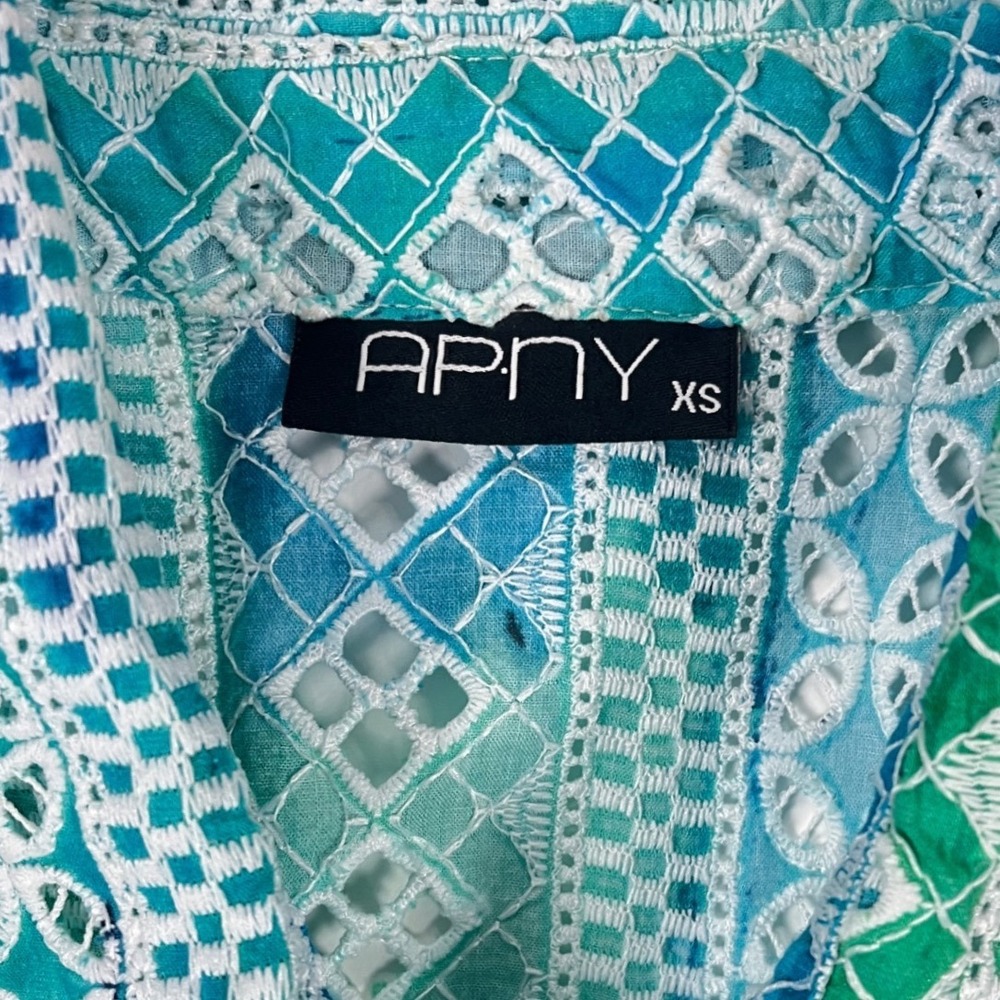 APNY Organic Cotton Eyelet Lace Button Down Shirt Blue Green XS Roll Tab Sleeve - Picture 5 of 6